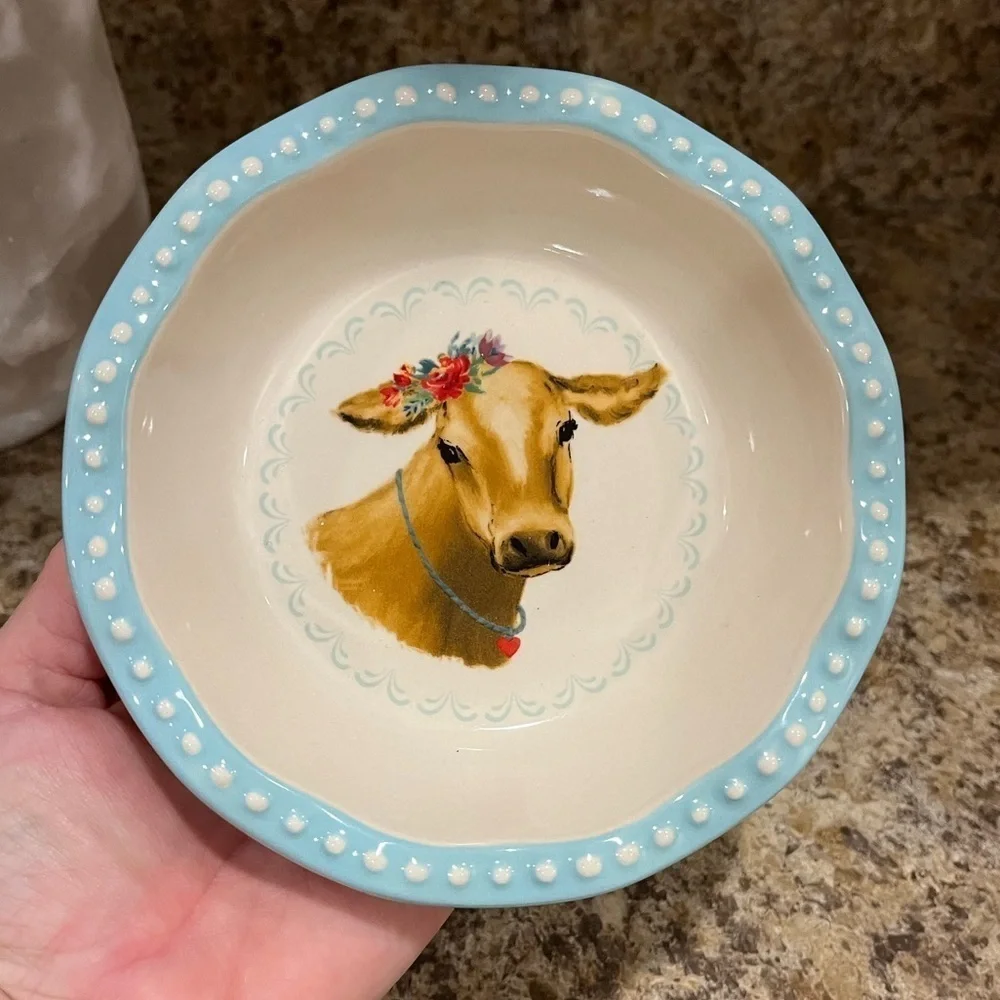 Pioneer Woman Country Cow and Cow Girl Hat 5.5” Bowls Pink and Blue Set of Two